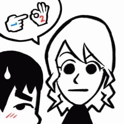 1boy 1girl animated black_eyes black_hair blush clothing embarrassed expressionless finger_gesture gif inviting_to_sex mii multiple_girls nintendo sex_gesture short_hair simple_background speech_bubble spot_color sweatdrop white_background