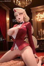 1boy 1girl ai_generated blonde_hair bottomless bow breasts charlie_morningstar_(hazbin_hotel) cowgirl_position girl_on_top hazbin_hotel hetero hi_res high_quality high_resolution horns indoors jacket large_breasts long_hair looking_at_viewer nipples no_bra open_clothes open_mouth open_shirt orange_eyes patreon penis pussy red_eyes seductive sex sexy solo_focus spicytoonai straddling uncensored vaginal watermark web_address