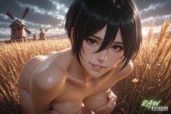 1girl ai_generated anime artist_name attack_on_titan big_breasts blush breasts female hi_res high_quality highres mikasa_ackerman nsfw partially_nude patreon_username rawdiffusion solo stable_diffusion tits uncensored watermark