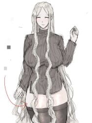 big_breasts closed_eyes dress fear_and_hunger female female_only genderswap_(mtf) huge_breasts long_hair nipple_bulge nosramus pale-skinned_female pale_skin platinum_blonde_hair rule_63 smile solo sweater sweater_dress thick_thighs thighhighs very_long_hair wavy_hair white_hair zettai_ryouiki