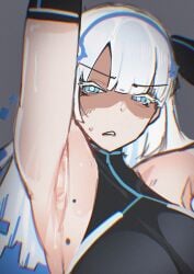 1girls arm_up armpit armpit_crease armpit_fetish bangs big_breasts blue_eyes fairy_(zenless_zone_zero) female female_only hoyoverse mihoyo mole mole_under_armpits pale-skinned_female pale_skin tagme weebchair white_hair zenless_zone_zero
