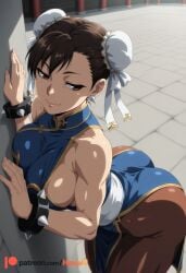 1girl against_wall ai_generated artist_name ass bare_shoulders blue_dress bracelet breast_press breasts brown_eyes brown_hair brown_pantyhose bun_cover china_dress chinese_clothes chun-li closed_mouth double_bun dress earrings from_above gold_trim hair_bun hexogen jewelry large_breasts lips looking_at_viewer makeup muscular naughty_face pantyhose patreon_logo patreon_username pelvic_curtain sash shiny_skin short_hair sideboob sleeveless sleeveless_dress smile solo spiked_bracelet spikes street_fighter thick_thighs thighs tile_floor tiles watermark web_address