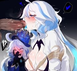 2girls blowjob blush breasts focalors_(genshin_impact) furina_(genshin_impact) genshin_impact hetero looking_at_penis penis shocked