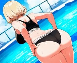 1girls ai_generated ass ass_focus back bare_arms bare_shoulders bikini black_bikini black_sports_bra blacked blacked_clothing blonde_hair blue_sky breasts clothes_writing cloud day dutch_angle facing_away fence from_behind hands_on_own_hips huge_ass indie_virtual_youtuber large_breasts median_furrow outdoors pool poolside retromantique short_hair sky solo sports_bikini sports_bra standing sweat swimsuit thick_thighs thighs virtual_youtuber water wet wide_hips yuno_nightingale