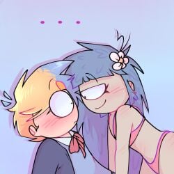 1boy 1boy1girl 1girl blue_hair blush blushing blushing_at_another bra clothing comic_panel cute flat_chest flirting_look girl_on_top looking_at_another male_on_bottom nervous nervous_male oc ocs original original_character original_characters panties pink_underwear spanish_dialogue text underwear
