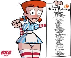1girls blue_eyes cosplay dexter's_laboratory dexter's_mom female freckles gkg mascot meme milf panties red_hair solo tied_hair twintails upskirt wendy_thomas_(cosplay) white_panties