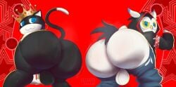2boys 2d anthro anthro_male anthro_only ass ass_focus atlus avian backsack balls ballsack bending_over big_ass big_butt big_butt_(male) bird black_fur cat crown fat_ass felid feline felis femboy furry furry_male furry_only genitals ghostly_danny headwear highres hood huge_ass long_tail looking_at_viewer looking_back looking_back_at_viewer lufel_(persona) male male_only mammal morgana_(persona) motion_lines no_sex non-human nonhuman owl pants pants_down paws persona persona_5 persona_5_scramble:_the_phantom_strikers presenting_hindquarters shaking_ass standing sweat sweatdrop sweaty sweaty_ass tail thick_thighs thighs torn_clothes twitter_link white_fur