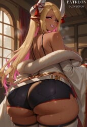 1girl ai_generated artist_name ass ass_focus back bare_shoulders belt black_shorts blonde_hair blush breasts clothing colored_inner_hair curvy dark-skinned_female dark_skin draph duxvector earrings female from_behind fur_trim granblue_fantasy grin horn_ornament horns huge_ass indoors jewelry kumbhira_(granblue_fantasy) large_breasts legwear long_hair long_sleeves looking_at_viewer looking_back makeup multicolored_hair off_shoulder parted_bangs pink_hair pointy_ears short_shorts shorts smile solo tassel thick_thighs thighhighs thighs underbutt white_belt white_thighhighs wide_hips wide_sleeves window yellow_eyes