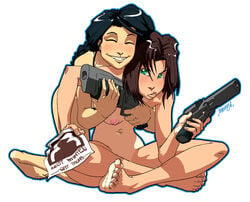 2girls black_hair breasts brown_hair closed_eyes female female_only firearm green_eyes gun handgun human jeffrey_cruz large_breasts light-skinned_female light_skin long_hair miyuki_kobayakawa multiple_girls natsumi_tsujimoto nipples nude pale_skin police policewoman revolver short_hair smile taiho_shichauzo weapon white_background yuri