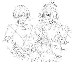 1girls 2boys blowjob_in_the_pose blush blush_lines erect_penis erection female genshin_impact handjob holding_penis lumine_(genshin_impact) male male/female oral penis pleasure_face scaramouche_(genshin_impact) threesome tighnari_(genshin_impact)