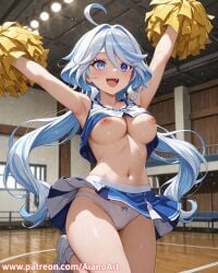 1girl :d ahoge ai_generated aianoart armpits arms_up bangs bare_arms bare_shoulders blue_eyes blue_hair blue_shirt blue_skirt blush bow breasts cheering cheerleader clothes_lift collarbone crop_top floating_hair furina_(genshin_impact) genshin_impact hair_intakes holding holding_pom_poms indoors large_breasts leg_up long_hair looking_at_viewer low_twintails medium_breasts midriff miniskirt navel nipples no_bra open_mouth panties pleated_skirt pom_pom_(cheerleading) shirt shirt_lift shoes skirt skirt_lift sleeveless sleeveless_shirt smile sneakers socks solo standing standing_on_one_leg stomach sweat thighs twintails underwear very_long_hair white_footwear white_hair white_panties white_socks