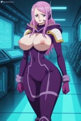 1girl ai_generated bodysuit breasts breasts_out cameltoe covered_navel digitalwaifugallery gloves headset hi_res high_quality high_resolution indoors jewelry_bonney large_breasts lipstick long_hair looking_at_viewer makeup nipples one_piece patreon pink_hair purple_bodysuit purple_eyes science_fiction seductive sexy skin_tight solo standing uncensored watermark