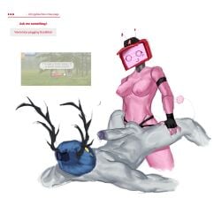 1boy 1girl antlers breasts dusekkar_(forsaken) female female_on_male female_on_top femdom fingerless_gloves forsaken forsaken_(roblox) grey_body implied_penetration lornan1hater male male/female male_penetrated nipples nude_female nude_male pegging penis pink_body precum roblox roblox_game robloxian robot robot_girl robot_humanoid sex straight strap-on tv tv_head tv_screen veeronica