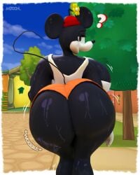 1girls 3d 3d_(artwork) ass ass_focus big_ass big_breasts black_body black_fur boobs crop_top disney dolphin_shorts female female_only looking_back minnie_mouse mouse mtoon pov question_mark rabbit5gamer rubberhose shorts sweat walking