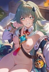 1girls ai_generated bed bedroom belly_button big_nipples big_thighs blushing exposed_breasts exposed_midriff exposed_nipples exposed_pussy female female_focus female_only fox_ears fox_girl green_eyes green_hair happy hentai honkai:_star_rail hoyoverse huohuo_(honkai:_star_rail) light-skinned_female light_skin long_hair looking_at_viewer lunealter midriff mihoyo more_at_source no_bra no_panties nsfw on_bed partially_clothed shy sitting_on_bed small_breasts taking_picture thick_hips thick_legs thick_thighs uncensored