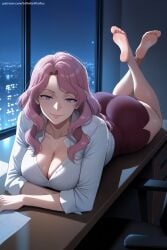 1girl ai_generated ass barefoot black_clover breasts cleavage collarbone dress_shirt feet hi_res high_quality high_resolution indoors large_breasts legs_up long_hair looking_at_viewer lying miniskirt on_stomach patreon pencil_skirt pink_eyes pink_hair seductive sexy shirt sidelocks skirt smile soles solo toes uncensored vanessa_enoteca watermark