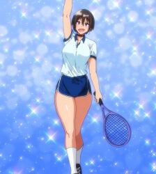 1girls 2d brown_hair clothing female fuuki_iin_to_fuuzoku_katsudou gym_uniform large_breasts purple_eyes school_gym_uniform screencap screenshot short_hair thick_thighs tomboy upscaled wide_hips