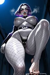 ai_generated breasts dark_purple_hair dc dc_comics demon demon_girl faprunner78 fishnets forehead_jewel goth_makeup grey_skin half_demon hips looking_at_viewer medium_breasts natural_breasts nipples open_mouth purple_eyes raven_(dc) raven_(teen_titans) slim_female slim_waist superheroine teen_titans thick_thighs thighs tongue_out waist wide_hips