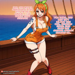 1girl ai_generated bikini boots bracelet breasts brown_eyes cleavage earrings english_text green_hairband gun hairband handgun jewelry large_breasts long_hair looking_at_viewer nami_(one_piece) ocean open_mouth orange_eyes orange_hair overall_shorts overalls rope shoulder_tattoo smile solo swimsuit tattoo weapon web_address white_bikini