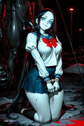 1girl absurdly_long_hair ai_assisted ai_generated anime_screencap bag black_hair black_socks blood_splatter blue_eyes blue_sailor_collar blue_skirt bow bowtie breasts campsite close_up closed_mouth earrings firelight flaccid_penis frowning ghost_girl head_tilt high_quality hoop_earrings jewelry juliet_sleeves kneehighs kneeling lady long_hair long_sidelocks long_sleeves looking_at_penis looking_at_viewer night outside pleated_skirt red_bow sailor_collar school_uniform serafuku shirt skirt smile socks solo standing thick_thighs thighs upper_body white_dress white_robe