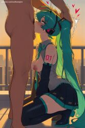 1boy 1girl ai_generated aqua_hair bare_shoulders black_footwear black_legwear blue_eyes blush boots breasts breasts_outside clothed_female_nude_male deepthroat detached_sleeves fellatio from_side half-closed_eyes hand_on_another's_head hatsune_miku headphones heart heart-shaped_pupils hetero hi_res high_quality high_resolution indoors kneeling long_hair nipples nude oral patreon penis seductive sexy skirt squatting symbol-shaped_pupils testicles thigh_boots thighhighs twintails uncensored very_long_hair vocaloid watermark