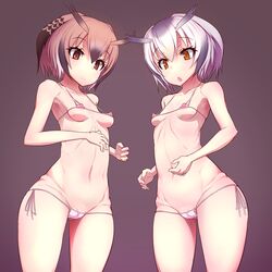 2girls 89_(hakkyuu) blush breasts brown_eyes brown_hair cameltoe cupless_bra eurasian_eagle_owl_(kemono_friends) grey_hair groin kemono_friends micro_bikini multiple_girls navel nipples northern_white-faced_owl_(kemono_friends) small_breasts swimsuit white_bikini