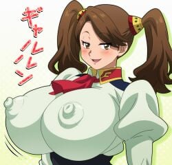 blush bouncing_breasts covered_erect_nipples gigantic_breasts gundam gundam_build_fighters hitokiwa_kenchin looking_at_viewer naughty_face sazaki_kaoruko smile smug upper_body
