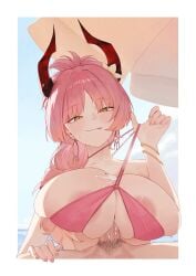 1boy 1girls areolae big_breasts blue_archive blush cum cum_between_breasts earrings female hi_res horns licking_own_lips light-skinned_female light-skinned_male light_skin long-haired_female long_hair looking_at_viewer male mole mole_on_breast orange-eyed_female orange_eyes paizuri penis pink-haired_female pink_hair pov pubic_hair satsuki_(blue_archive) straight titjob yureikaigan