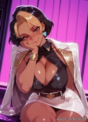1girl 2026 ai_generated anime belt black_hair blizzard_entertainment blonde_hair blush boobs bracelet breasts brown_eyes cleavage cleavage_cutout clothing_cutout covered_nipples crossover dark-skinned_female dark_skin domina domina_(overwatch) earrings eye_contact female female_focus flushed highres huge_breasts jacket jacket_on_shoulders jewelry large_breasts looking_at_viewer mole mole_under_eye multicolored_hair nsfw overwatch patreon ring rognezart shiny shiny_skin shirt short_hair sitting skirt smile smiling solo sweat sweaty thick_thighs thighs two-tone_hair white_skirt