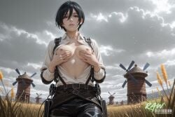 1girl ai_generated anime artist_name attack_on_titan big_breasts blush breasts female hi_res high_quality highres mikasa_ackerman nsfw partially_nude patreon_username rawdiffusion solo stable_diffusion tits uncensored watermark