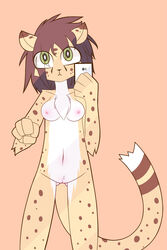 2016 anthro breasts brown_background brown_hair cellphone cheetah feline female fur green_eyes hair looking_at_viewer mammal nipples nude phone pussy selfie simple_background solo standing yellow_fur yukihyo_(artist)