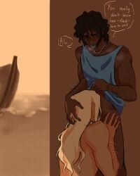 achilles achilles_(mythology) beard bj blonde_hair brown_skin facial_hair gay gay_sex greek_mythology hidden_sex hiding homosexual homosexual_sex huff huffing justvea long_hair oral oral_sex patrochilles patroclus patroclus_(mythology) the_epic_cycle trojan_war yaoi
