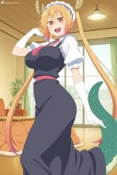1girl :d ai_generated black_dress blonde_hair blush breasts digitalwaifugallery dragon_girl dragon_horns dragon_tail dress elbow_gloves fang gloves gradient_hair hair_between_eyes hi_res high_quality high_resolution horns indoors large_breasts long_hair looking_at_viewer maid maid_headdress miss_kobayashi's_dragon_maid multicolored_hair necktie open_mouth orange_eyes orange_hair patreon puffy_short_sleeves puffy_sleeves red_necktie scales seductive sexy short_sleeves slit_pupils smile solo tail teeth tohru_(dragon_maid) twintails uncensored very_long_hair watermark white_gloves window