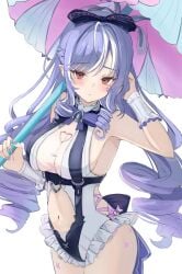 1girls breasts cameltoe colored_nails drill_hair exposed_breasts feet female female_only high_heels hoyoverse long_hair long_nails mihoyo official_alternate_costume painted_nails painted_toenails purple_hair purple_nails red_eyes swimsuit vivian_banshee vivian_banshee_(iris_of_the_shore) white_swimsuit zenless_zone_zero