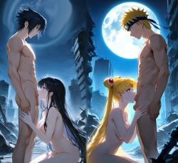 2boys2girls ai_generated bishoujo_senshi_sailor_moon black_hair blonde_hair blowjob crossover crossover_couple crossover_sex crossover_shipping destroyed_city moon naruto naruto_(series) naruto_shippuden night orgy rei_hino sailor_mars sailor_moon uchiha_sasuke usagi_tsukino uzumaki_naruto