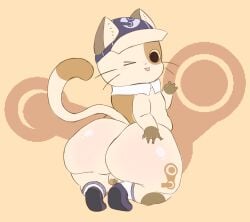 :3 anthro beige_background beige_fur black_eyes cap cat domestic_cat huge_ass huge_butt huge_thighs male male_only shoes_only squatting steam_(software) steam_sale_cat tiny_penis tongue white_socks wink