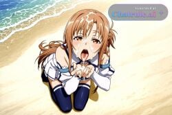 1girl ai_assisted ai_generated anime_coloring anime_screencap awaiting_cum beach blue_thighhighs cum_in_hair cum_on_face cum_on_hands detached_sleeves fellatio_gesture full_body highres kneeling naked open_mouth oral_invitation pleated_dress source_anime sword_art_online tongue_out view_from_above yuuki_asuna
