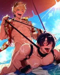 abs anal anal_penetration anal_sex beach beach_towel beach_umbrella blush breasts collar collared cum cum_on_body cum_on_breasts dominant dominant_male domination focus_on_chest gay konatide leash leash_and_collar leash_pull leashed_collar male male/male male_focus male_only male_penetrated male_penetrating male_penetrating_male multicolored_hair muscular muscular_male ocean ocean_background outdoor outdoor_sex outdoors outdoors_sex penetration sand sea seaside sex shine submission submissive submissive_male sun sunlight sweat sweating sweaty sweaty_breasts towel umbrella water yaoi