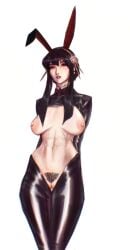 1girls abs areolae artist_name artist_request big_breasts black_hair boobs bush bushy_pubes clitoris nipples red_eyes reverse_bunnysuit solo spy_x_family uncensored vagina yor_briar yor_forger