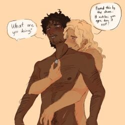 achilles achilles_(mythology) beard biting_neck blonde_hair body_hair brown_skin english_text facial_hair gay gay_sex greek_mythology homosexual homosexual_sex justvea necklace nipping nude nude_male nudity patrochilles patroclus patroclus_(mythology) seductive seductive_look shell shell_necklace the_epic_cycle trojan_war yaoi