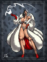 101_dalmatians big_breasts bikini breasts cigarette cigarette_holder cleavage cruella_de_vil disney disney_villains earrings elbow_glove elbow_gloves eyeshadow female fur_coat glove gloves huge_breasts jewelry large_breasts lipstick multicolored_hair muscle muscular_female osmar-shotgun purple_eyes swimsuit two_tone_hair