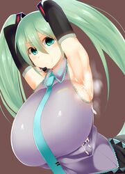 absurdres aqua_eyes aqua_hair armpits arms_behind_head arms_up breasts brown_background cum cum_on_body cum_on_upper_body detached_sleeves facominn female hatsune_miku highres huge_breasts long_hair looking_at_viewer naughty_face necktie sideboob simple_background skirt smile solo steam tied_hair twintails upper_body vocaloid