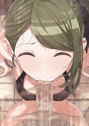 1boy 1girl black_ribbon breasts censored cleavage closed_eyes commentary_request erere fellatio from_above green_hair hair_ribbon hetero idolmaster idolmaster_shiny_colors medium_breasts medium_hair mosaic_censoring motion_lines nanakusa_hazuki oral penis pov ribbon solo_focus