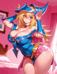 1girl 1girls ai_generated arms_up balecxi bare_shoulders bed bedroom blonde_hair blue_headwear blush blush_stickers breasts cleavage closed_mouth clothing curtains curvaceous curvaceous_female curvaceous_figure curvy curvy_figure dark_magician_girl dress duel_monster female female_focus green_eyes hair_between_eyes hat headwear indoors inviting inviting_to_sex large_breasts long_hair looking_at_viewer narrow_waist on_bed pentacle pentagram pillow presenting presenting_ass presenting_breasts presenting_hindquarters presenting_self rabbit_pose seductive seductive_look seductive_smile solo thick_thighs thighs voluptuous voluptuous_female wide_hips window wizard_hat yu-gi-oh! yu-gi-oh!_duel_monsters yugioh