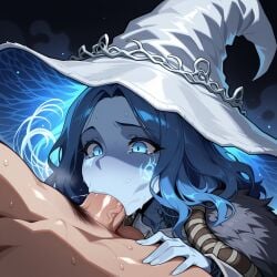 1boy 1girl ai_generated blue_eyes blue_hair blue_skin blush breasts cheek_bulge cloak clothing colored_skin cracked_skin doll_joints elden_ring erection extra_arms extra_faces fellatio female fur_cloak glowing_tattoo hand_on_another's_thigh hat headwear hetero large_hat long_hair lunaart male male_pubic_hair nude oral penis pubic_hair ranni_the_witch saliva solo_focus sweat tearing_up tears testicles veins veiny_penis white_headwear witch witch_hat
