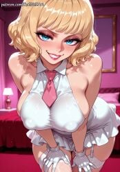 1girl 2026 ai_generated anime bangs bare_shoulders bed blonde_hair blue_eyes blush boobs breasts cleavage covered_nipples crossover dress eye_contact female female_focus fishnet_thighhighs fishnets flushed garter_straps gloves grin hands_on_own_thighs handwear highres huge_breasts indoors inside large_breasts leaning_forward looking_at_viewer makeup necktie nsfw one_piece patreon patreon_username pink_necktie rognezart short_dress short_hair sideboob skindentation sleeveless sleeveless_dress smile smiling solo stussy_(one_piece) teeth thighhighs white_dress white_gloves white_thighhighs