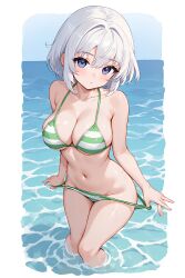 ai_generated beach big_breasts bikini blue_eyes blushing female hourglass_figure looking_at_viewer ocean pale_skin short_hair slim_waist water white_hair