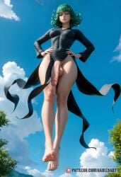 ai_generated barefoot big_penis feet flaccid flaccid_penis flying from_below futa_sans_pussy futanari green_hair hand_on_hip imminent_fellatio imminent_oral intersex looking_at_viewer low-angle_view naikedart one-punch_man painted_nails painted_toenails pent_up precum solo stable_diffusion tatsumaki throbbing_penis