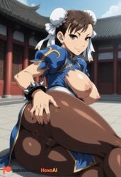 1girl ai_generated anus architecture artist_name ass blue_dress bracelet breasts breasts_out brown_eyes brown_hair brown_pantyhose bun_cover cameltoe china_dress chinese_clothes chun-li day double_bun dress earrings east_asian_architecture from_behind hair_bun hand_on_own_ass hexogen jewelry large_breasts looking_at_viewer looking_back lying nipples no_panties on_side pantyhose pelvic_curtain puffy_short_sleeves puffy_sleeves pussy sash short_hair short_sleeves sky smile solo spiked_bracelet spikes street_fighter thick_thighs thighs torn_clothes torn_dress torn_pantyhose