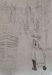 1boy 1femboy ass back_view big_ass boy clothed exposed exposed_ass femboy forest forest_background handdrawn handdrawn_art horns hovkasqka looking_away mostly_clothed nature nature_background ponytail smoking smoking_cigarette solo squatting